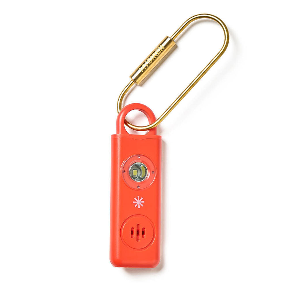 MySiren safety device showing 135dB alarm button and strobe light feature"