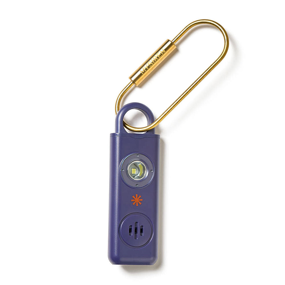 "portable safety device my siren alarm with bright strobe light  purple colour and gold key chain